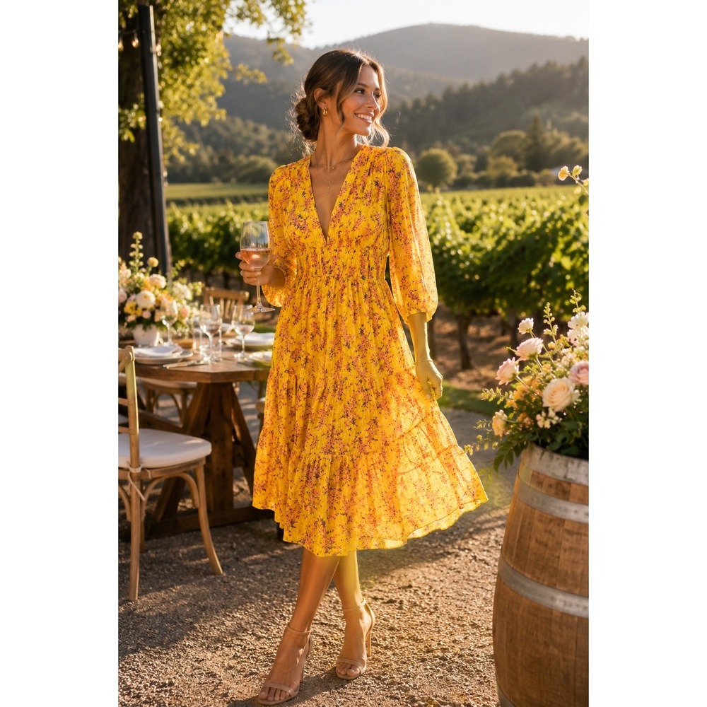 Ulla Johnson Joan Yellow Floral Cotton Silk Midi Dress Size 4 ASTV